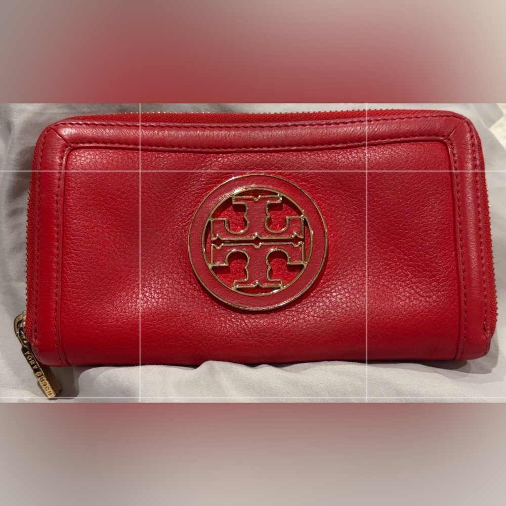 Tory Burch Red Leather zip around wallet with Gold Logo Medallion